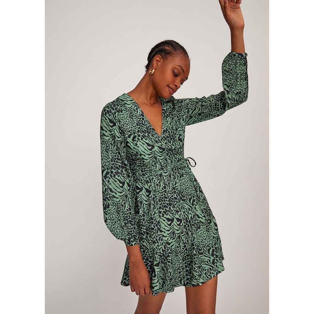 Whistles Green Black Zebra‎ Animal Print Wrap Mini Dress Long Sleeve Size US 2